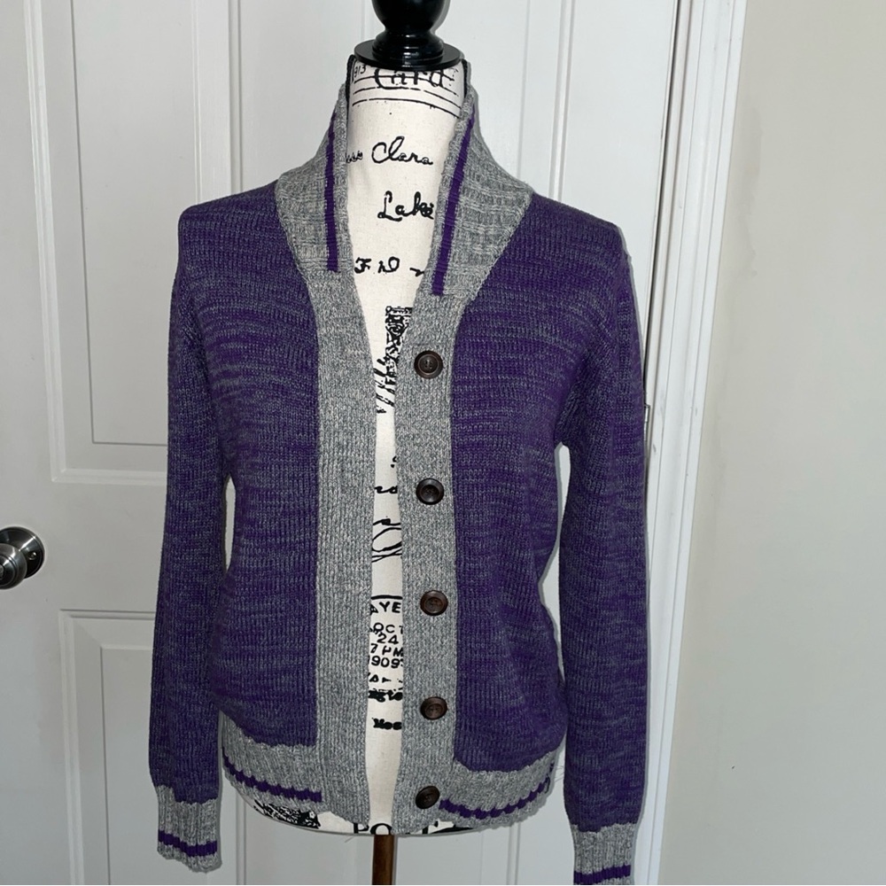 Renu Bruzer Women's PS Purple & Gray Knit Button Cardigan Preppy Classic Sweater